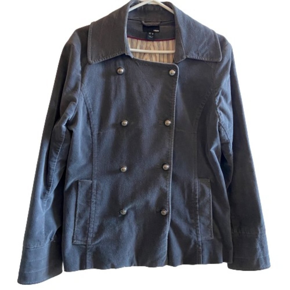 H&M Grey Velvet Pea Coat with Metal Buttons Size 14